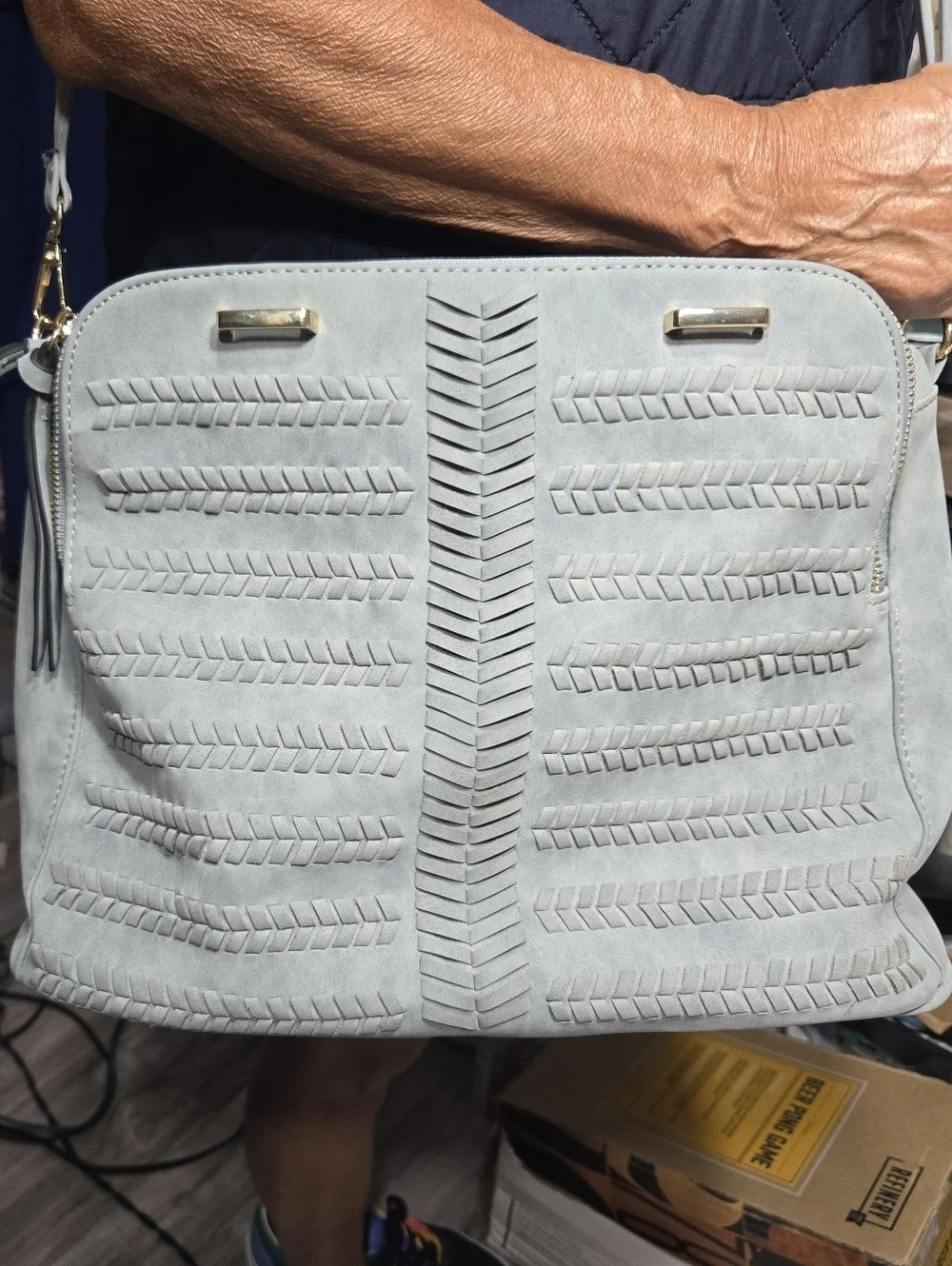 Grey Blue Faux Suede Braided Boho Convertible Crossbody Handbag Detachable Strap